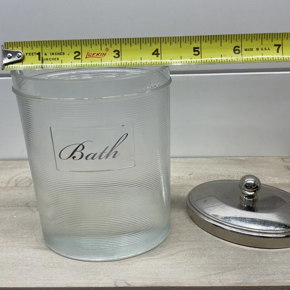 Clear Ribbed Glass Bath Apothecary Jar with Polished Chrome Lid Finial Top